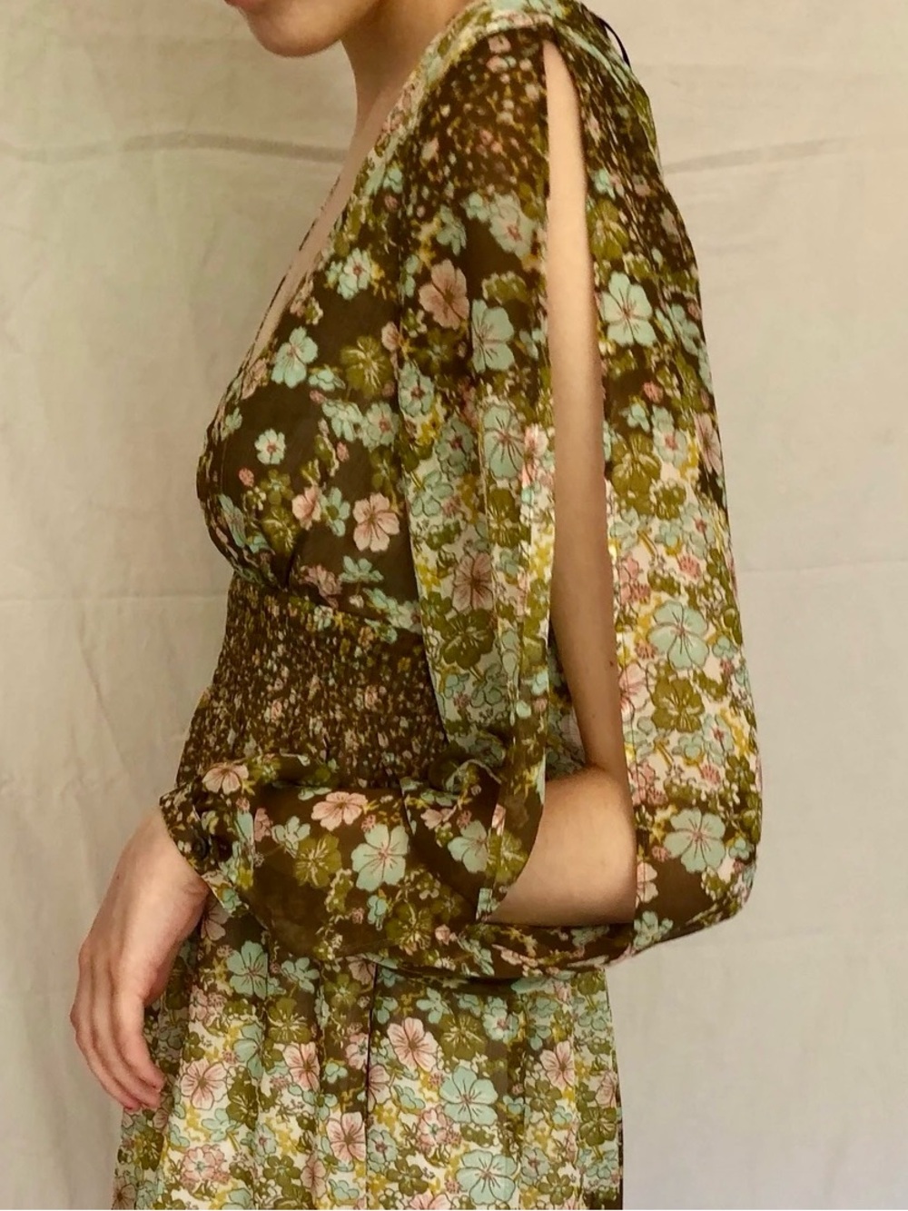 H&M| Semi-Sheer Floral Split-Sleeve Midi Dress in Olive Green, Pink & Blue Sz 8